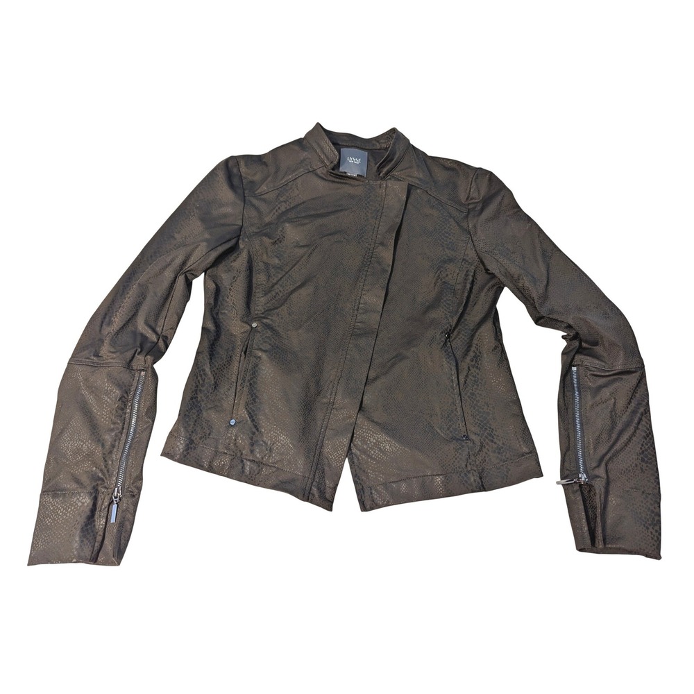 Lysse New York Womens Small Snakeskin Embossed Moto Jacket Brown Stretch